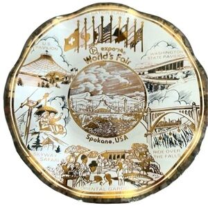 Vintage World’s Fair Expo Spokane Souvenir Plate Glass Dish White Gold 1974 ' 74